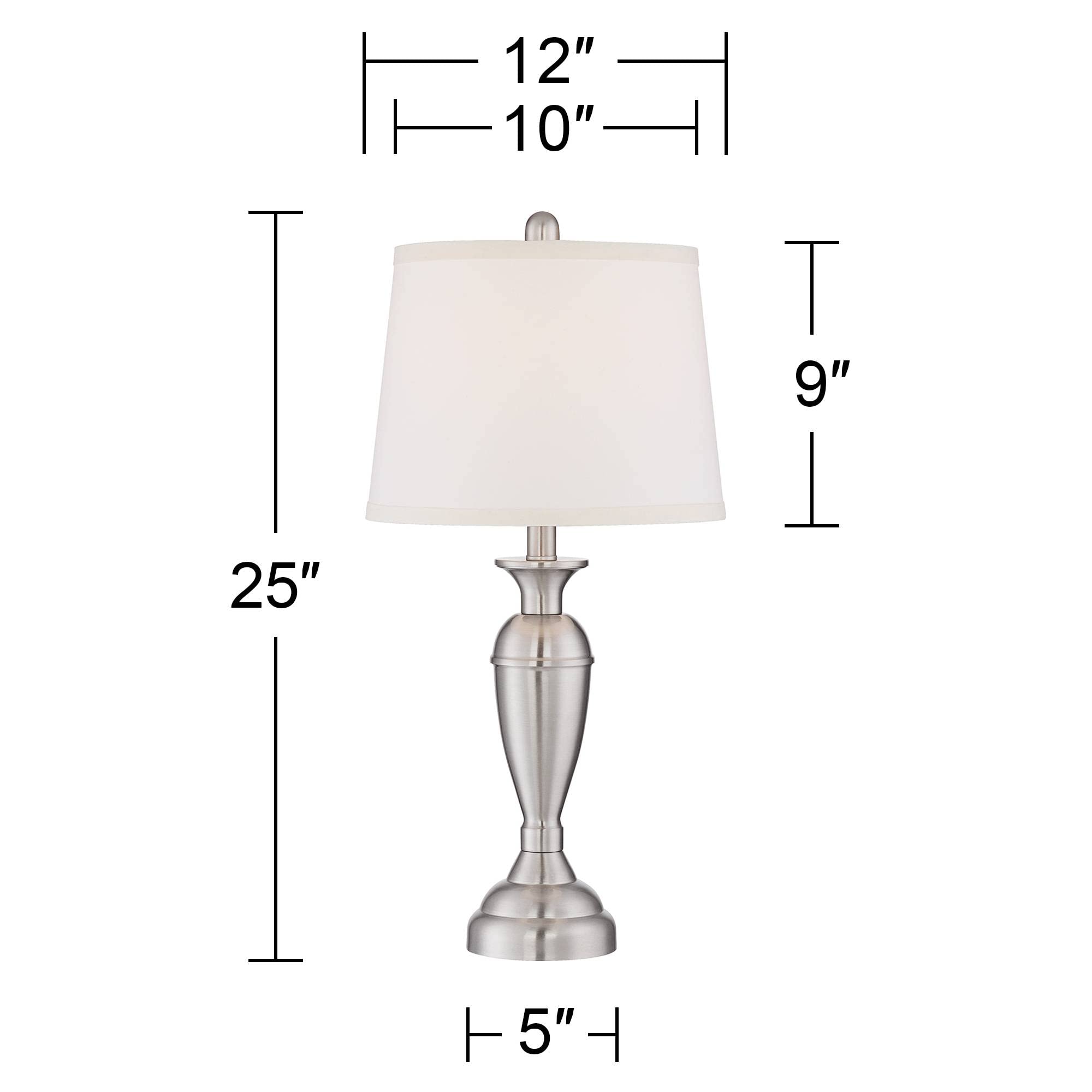 Regency Hill Blair Traditional Table Lamps 25'' Tall Set Of 2 With Dimmers Brushed Nickel Metal Candlestick White Fabric Drum Sh