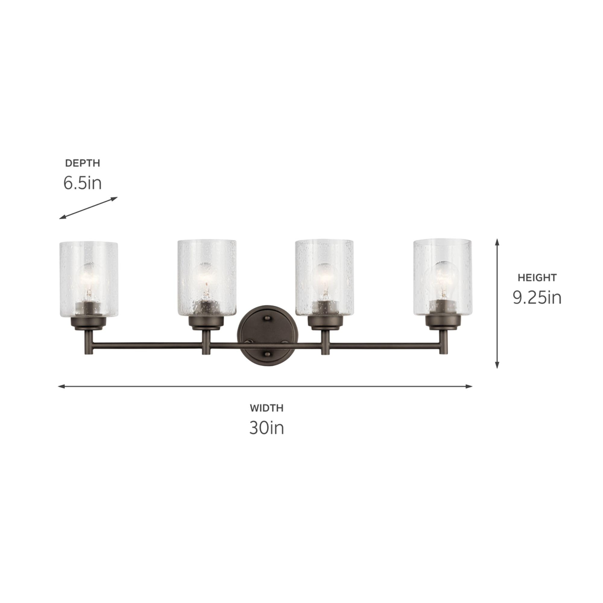 Kichler Winslow 30in Vanity Light, 4-Light Transitional Bathroom Fixture, Old Bronze, Clear Seeded Glass, Model 45887OZ