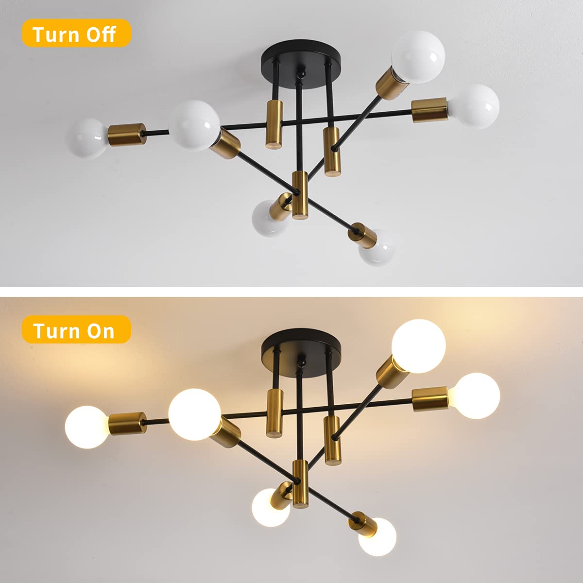 Garwarm Ceiling Light Fixture, 6-Lights Black And Gold Mid Century Semi Flush Mount Ceiling Light,Modern Sputnik Chandelier For