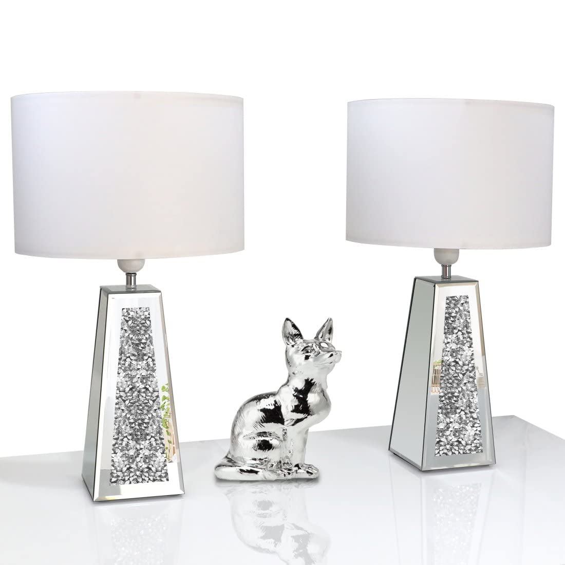 GOTHICO Silver Mirror Crushed Diamond LED Table Lamp, Four Prism Shaped Crystal Diamond Mirrored Base,White Round Linen Shade, 2