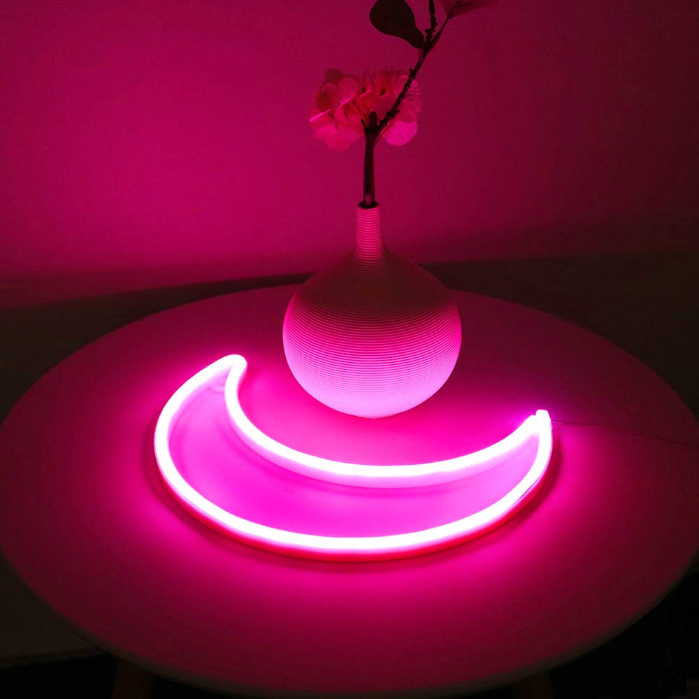 YAOZHOU LED Pink Moon Neon Light - USB/Battery Powered Decorative Light for Home, Bedroom, Office, Party - Cute Art Night Light