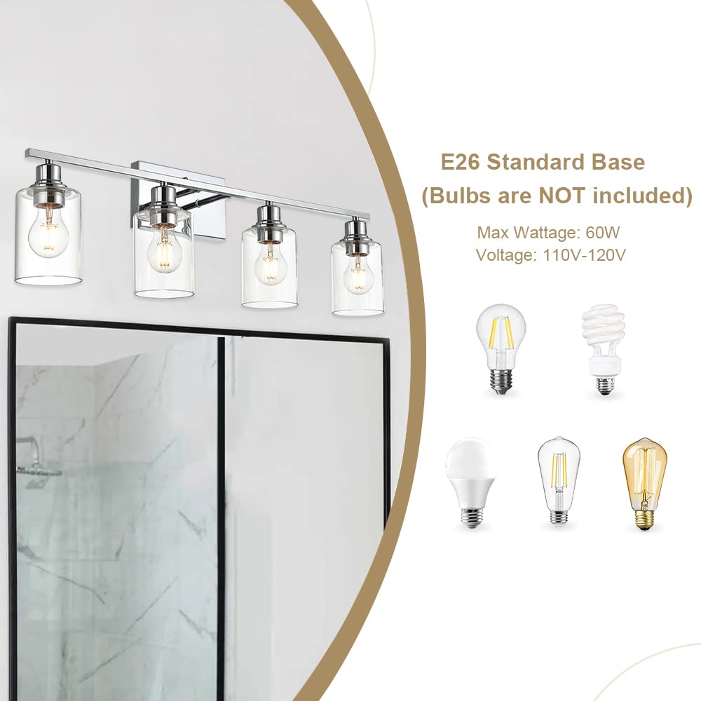 VINLUZ 4-Light Vanity Light Fixture, Chrome Finish with Clear Glass Shades, Wall Mounted for Bathroom & Living Room
