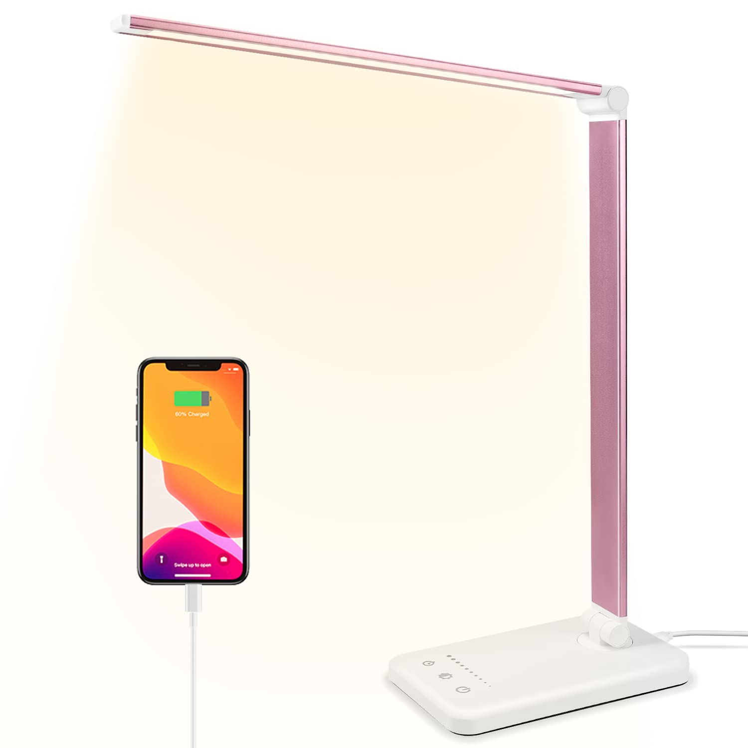 Hmfuntm Led Desk Lamp, Desk Lamp With Usb Charging Port, 5 Color Modes, 10 Brightness, Natural Light, Eye Caring Reading Lamp, Desk Light For Home Office, Table Lamp, Touch Control, Auto-Timer, Pink