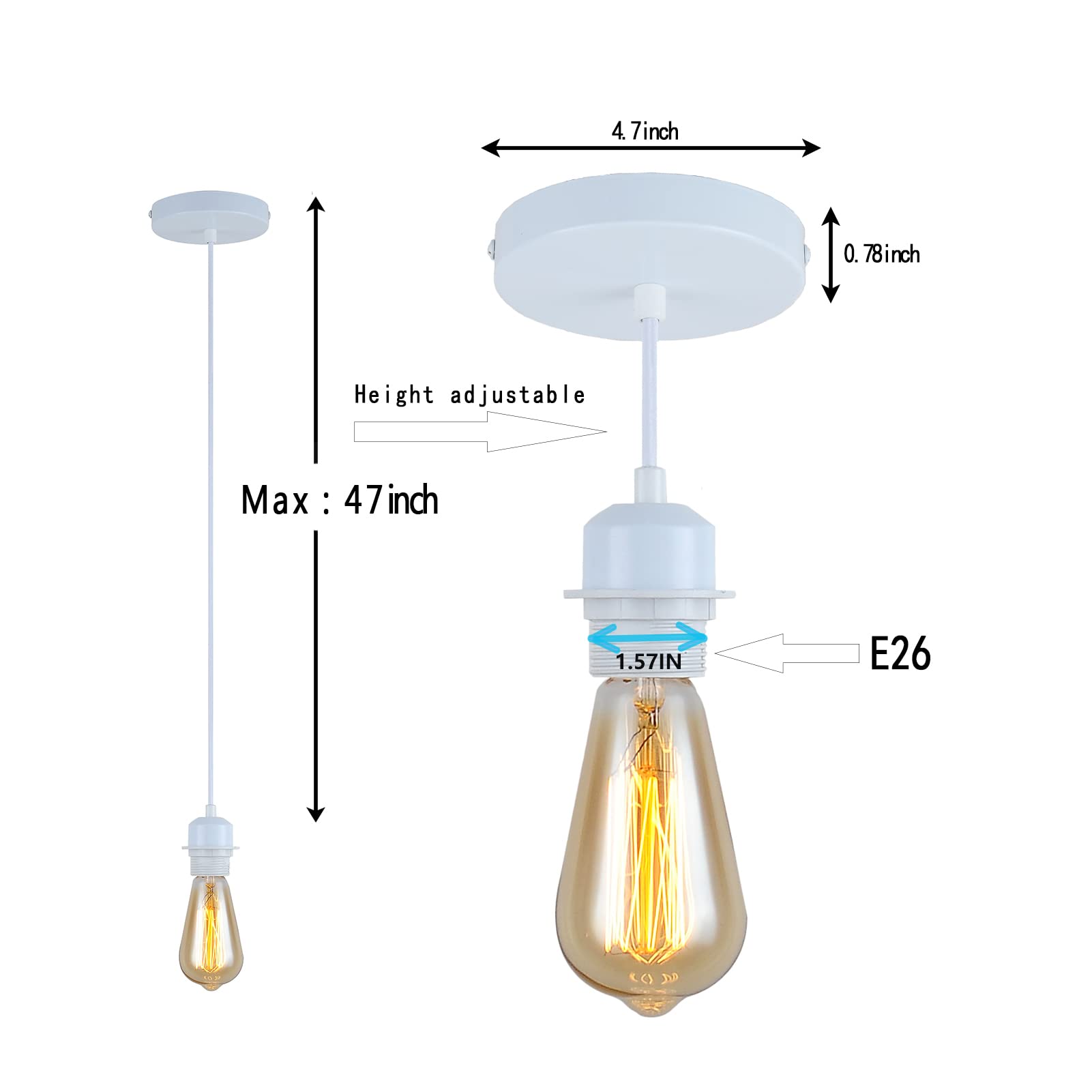 Yzyaxsaa Industrial Mini Pendant Light Kit, E26 Vintage Style White Cord Hanging Light Fixture For Farmhouse Bedroom Home Ceiling Chandelier Decors (White)