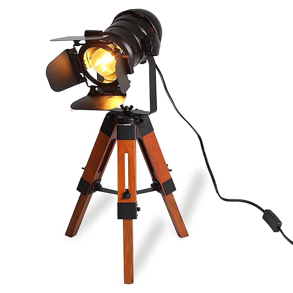 SUNLLOK Tripod Floor Lamp - Metal & Wooden Nautical Design - Adjustable Height - Black - Middle Size