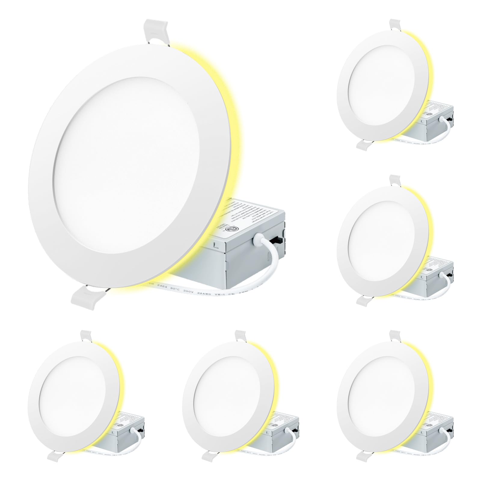 Eosmile 6 Inch White Recessed Lighting With Night Light 6 Pack  High Brightness Canless Wafer  12W  120V  1100Lm  Dimmable  2700K-5000K Selectable  Etl Fcc