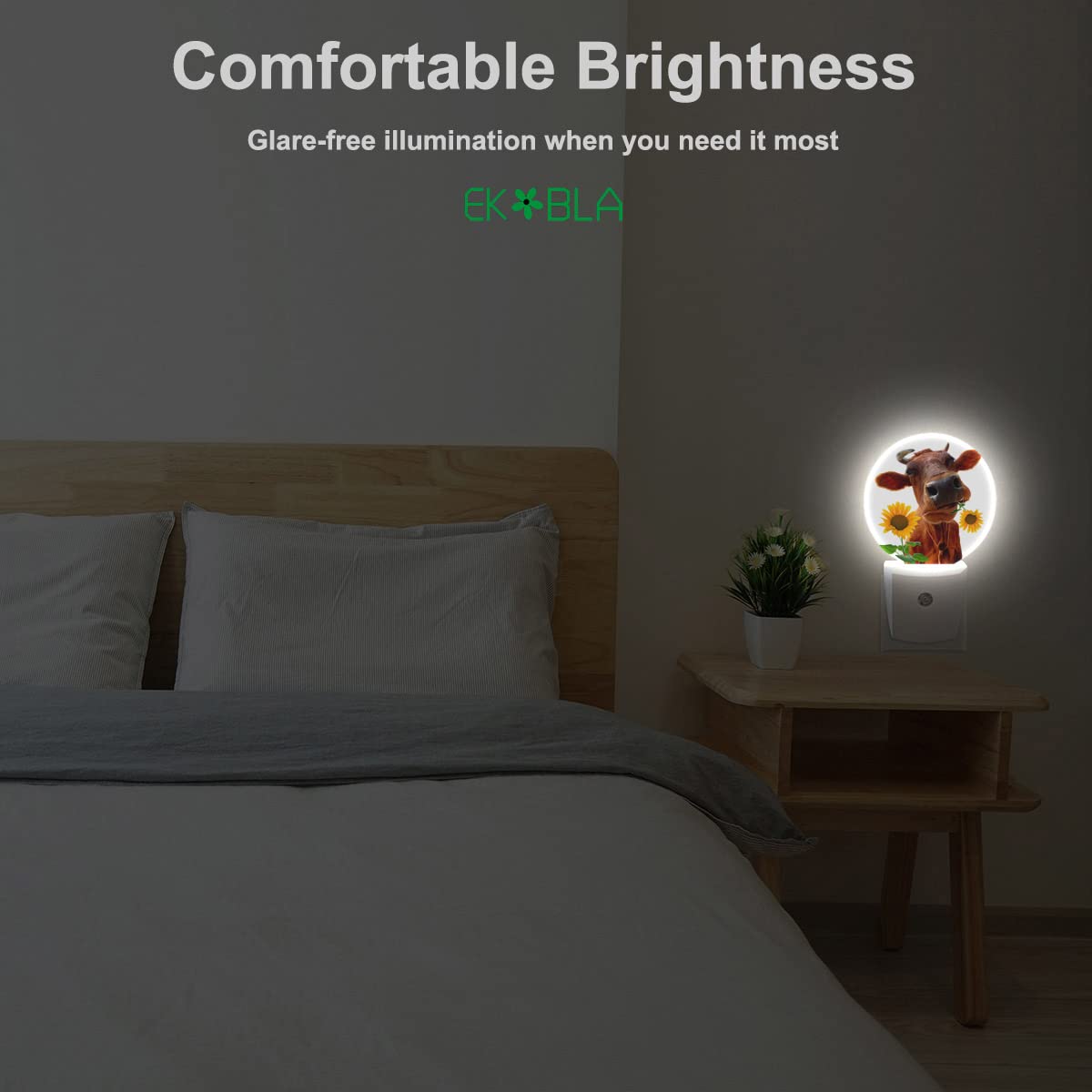 Ekobla Yellow Cattle Led Night Light Cute Farm Animal Cattle Bite Sunflower Dusk To Dawn Night Lamp Auto Sensor For Home Indoor