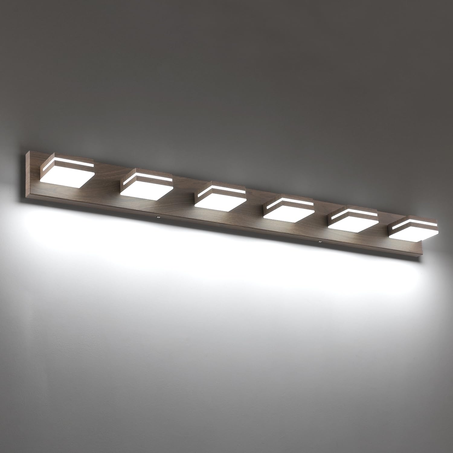 SineRise LED Bathroom Vanity Light Fixture, 6-Light, 48-Inch, Dimmable, Brown Wood Acrylic, Model 695650d2-4277-488d-9602