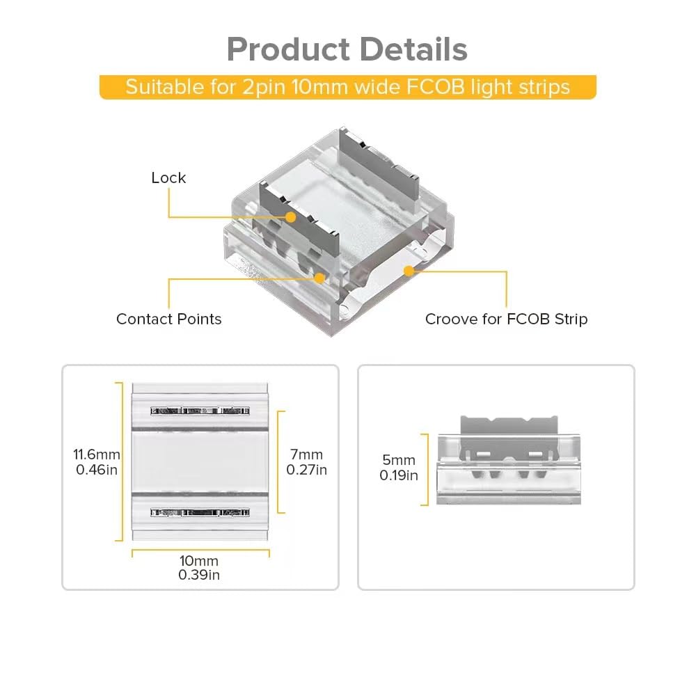 Btf-Lighting Fcob Cob 50Pcs 10Mm 0.39In Transparent Connector Support Fcob 10Mm Width 2 Pin V+ V- Single Color Led Strip Corner Connection(Without Wires)