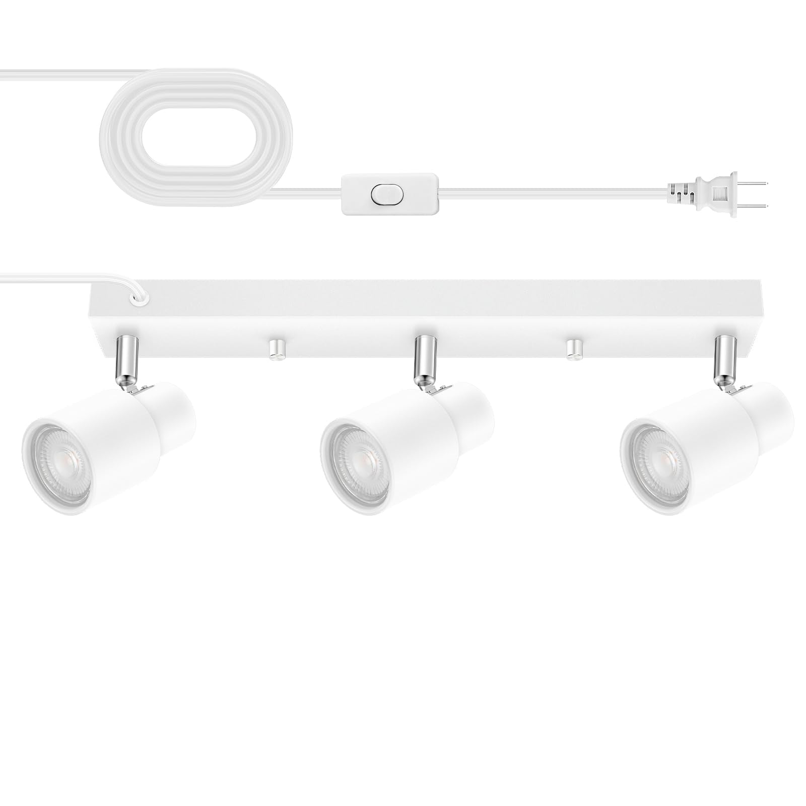 Plug-In Track Lighting Led, Track Light Fixtures Ceiling, White 3-Light Ceiling Lights For Kitchen, 3 Way Spotlight With Cord, Rotatable Wall Mount Light Head For Bedroom Hallway, Bulb Not Included