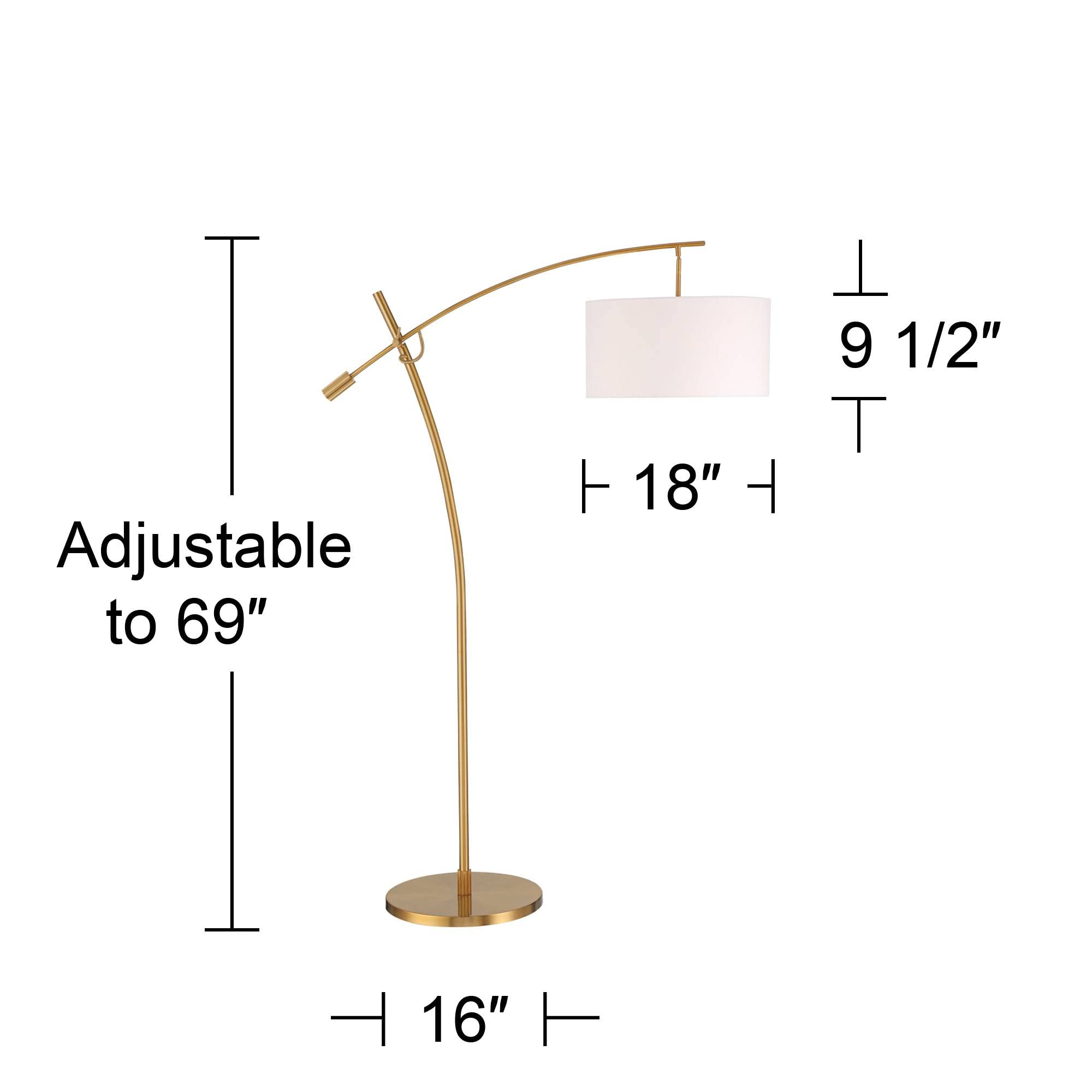 Possini Euro Design Raymond Modern Arc Floor Lamp 69'' Tall Warm Gold Metal Adjustable Boom Arm White Linen Drum Shade Decor For