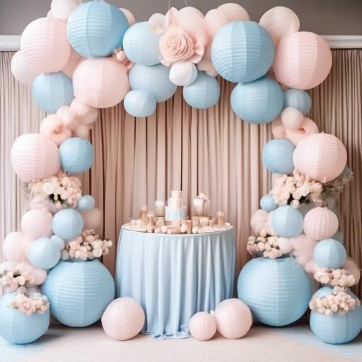 Pack Of 6 Round Paper Lantern Lamp Paper Lanterns Party Decorations (Baby Pink Blue Shade, 18'')