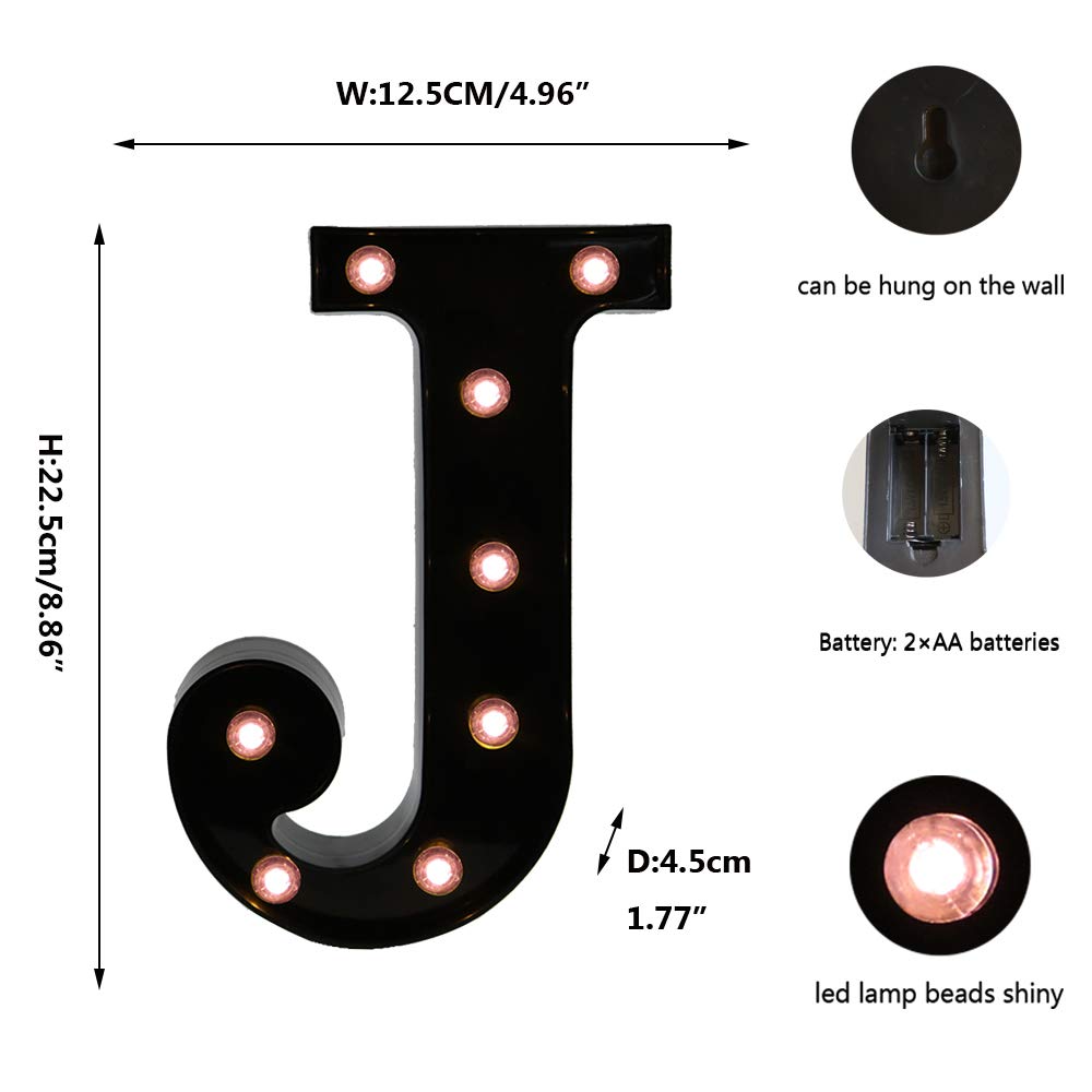 OYCBUZO Light Up Black Alphabet Marquee Letter J Sign, LED Plastic Night Light for Home Bar Wedding Party Decoration, Model MDLP-BL-09