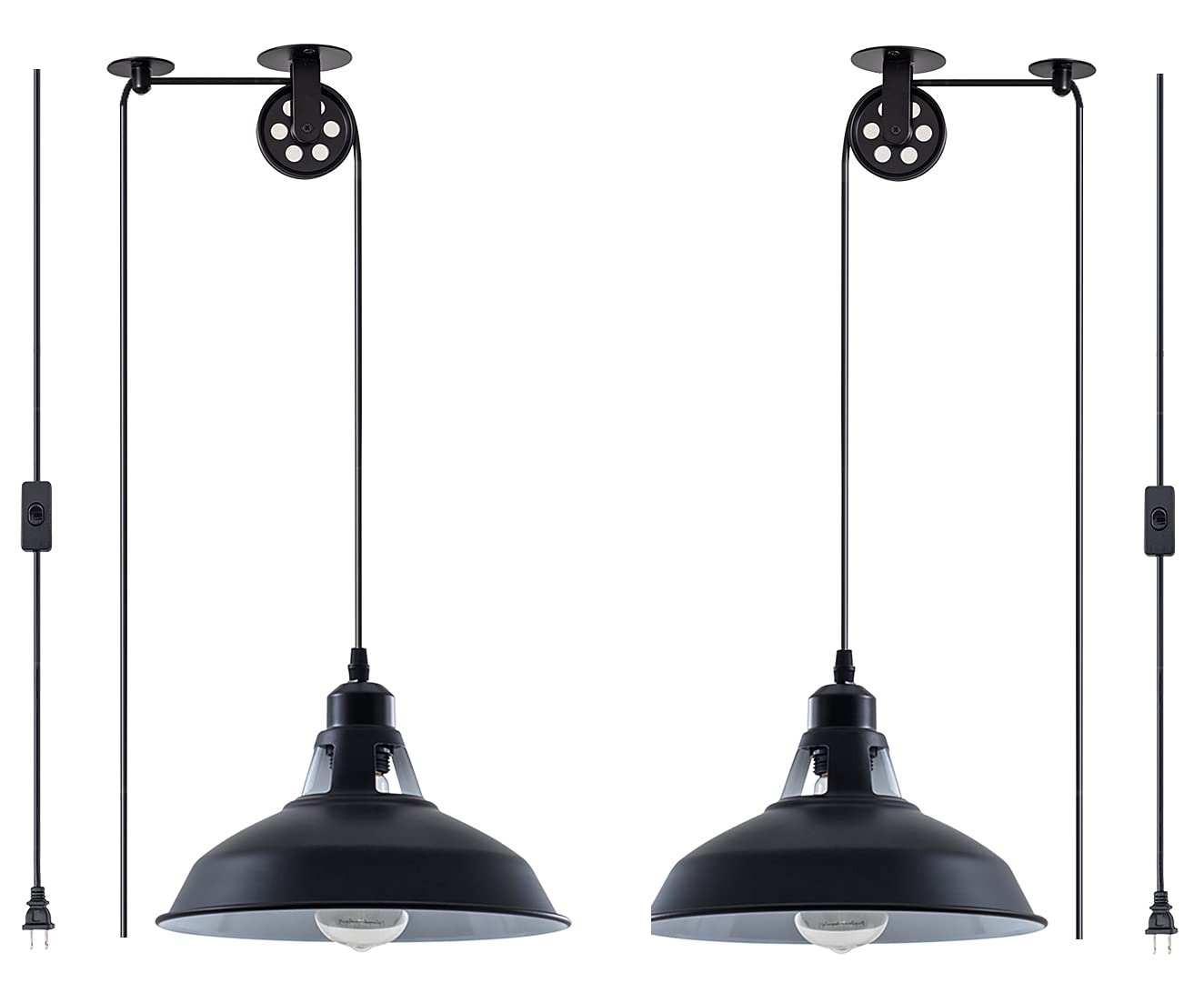 Lovefindahome Industrial Pulley Pendant Light, E26 Vintage Hanging Lamp, 16.4ft Cord, On/Off Switch, 2 Pack, Black