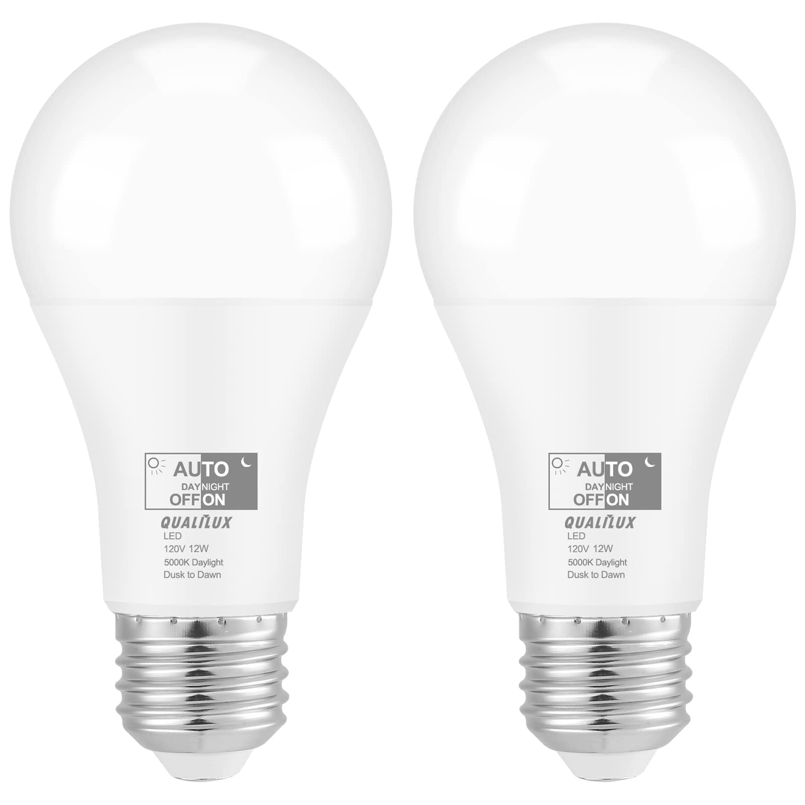 Qualilux Dusk To Dawn Light Bulbs 1000 Lumen, Daylight, Led 12W, A19 E26, 2-Pack, Hq-H023