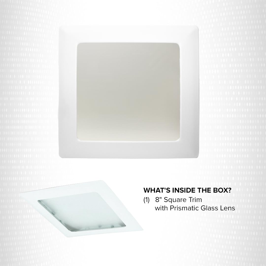 Elco Lighting 8'' Square Trim With Prismatic Glass Lens, Recessed Ceiling Light Cover, 42W, E26 Base, White Finish