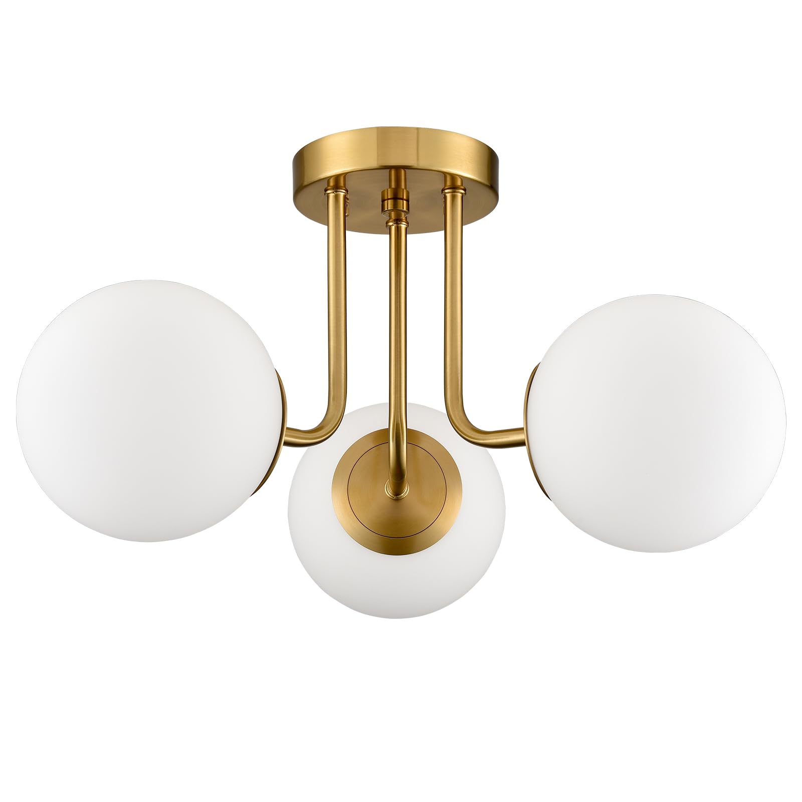 Shawnkey Modern Brass Gold 3-Light Semi Flush Mount Ceiling Light With White Glass Shade