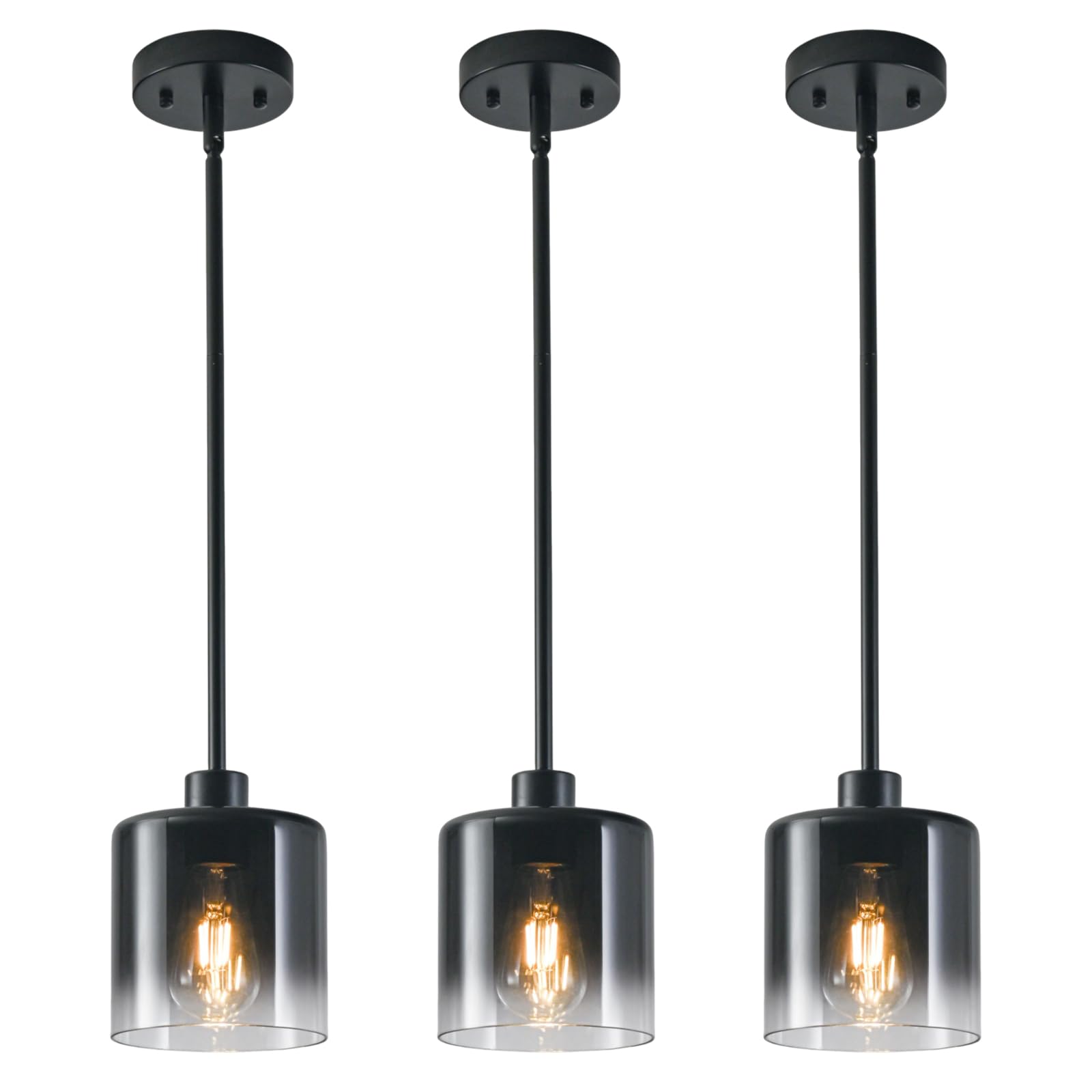 LINSEEDS 3-Pack Black Pendant Light Fixtures  Modern Pendant Lights for Kitchen Island with Adjustable Rods  Industrial Glass Pendant Lights for Dining Table Hallway Bedroom Living Room