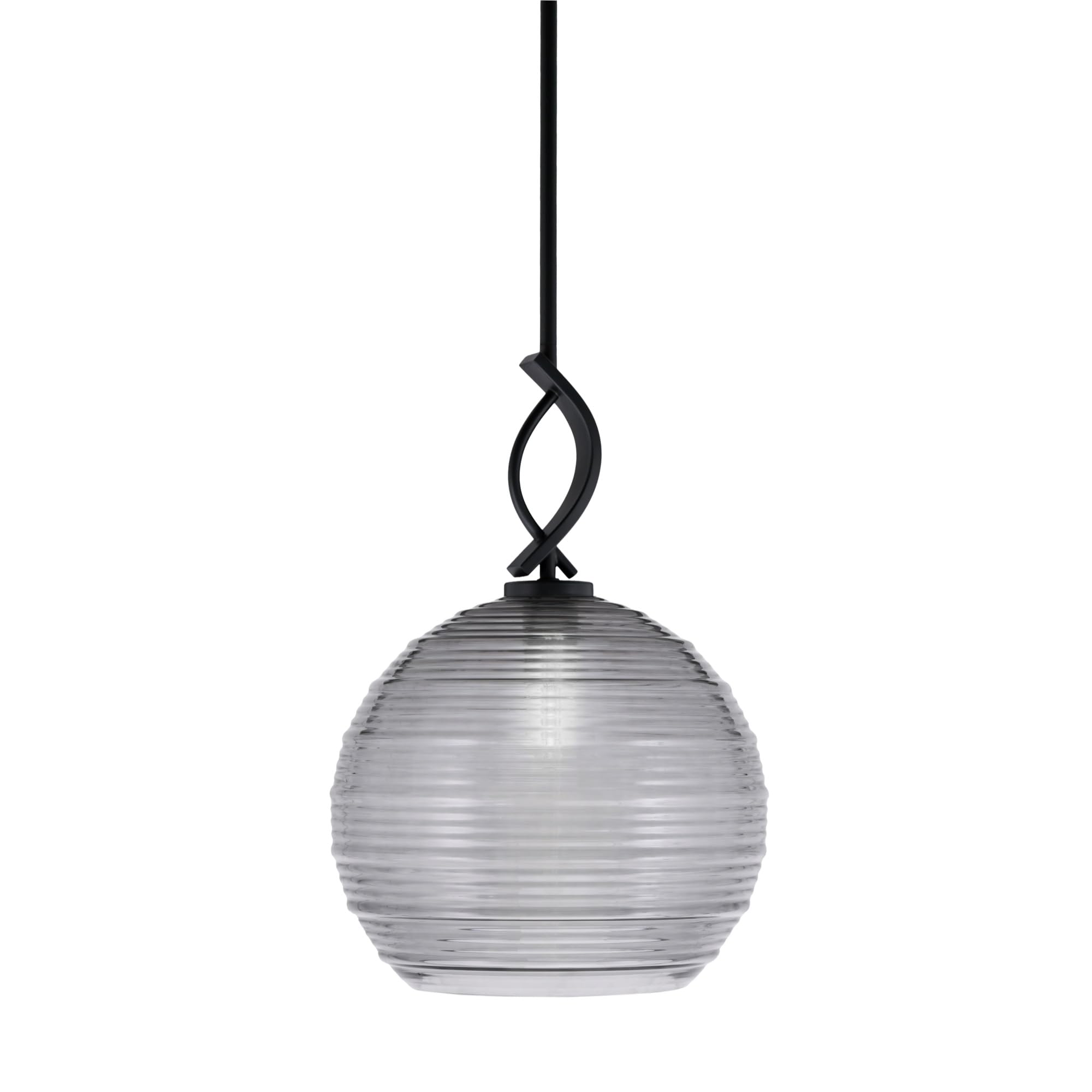 Cavella 1 Light Stem Mini Pendant Shown in Matte Black Finish with 12&quot; Smoke Ribbed Glass
