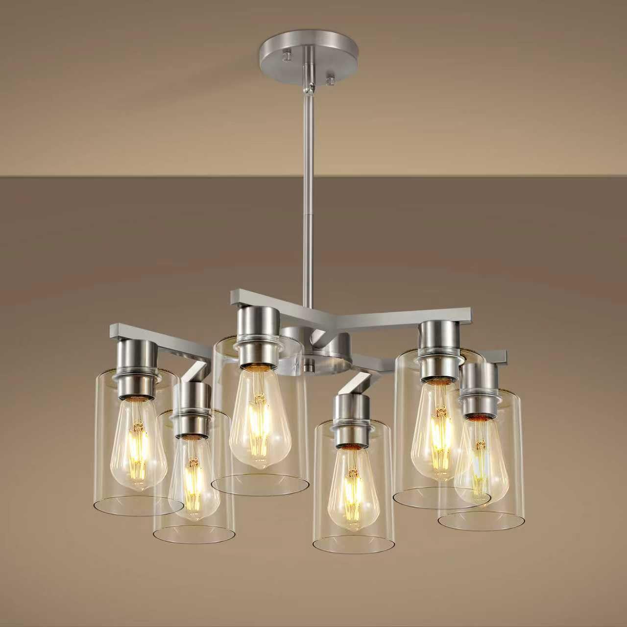 6-Light Farmhouse Brushed Nickel Chandelier Modern Chandeliers for Dining Room Light Fixture Over Table Adjustable Hanging Industrial Rustic Pendant Lights for Kitchen Island with Clear Glass Shade
