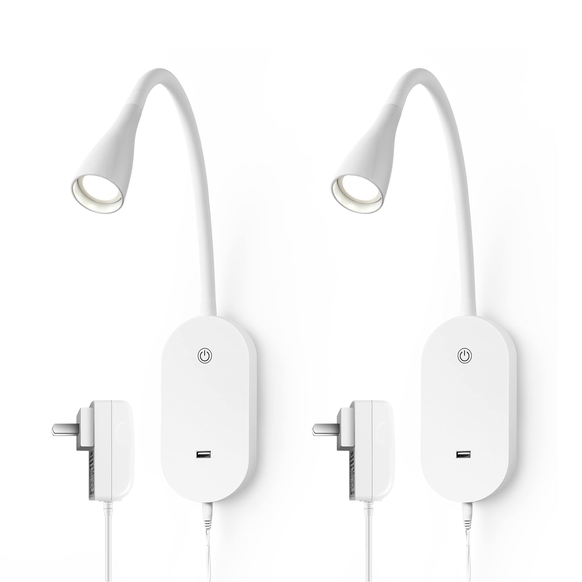 Wall Mounted Reading Light Set of 2, Dimmable Touch Control USB Output LED Flexible Gooseneck 4000k Bed Lights, Easy to Install