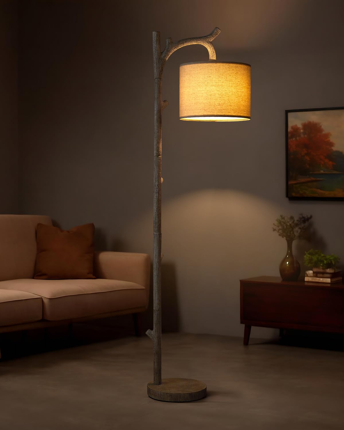 OYEARS Retro Farmhouse Floor Lamp - Rustic Tree Trunk Design, 59.75" Tall, Washed White Resin, Model AMZ-F1158RS