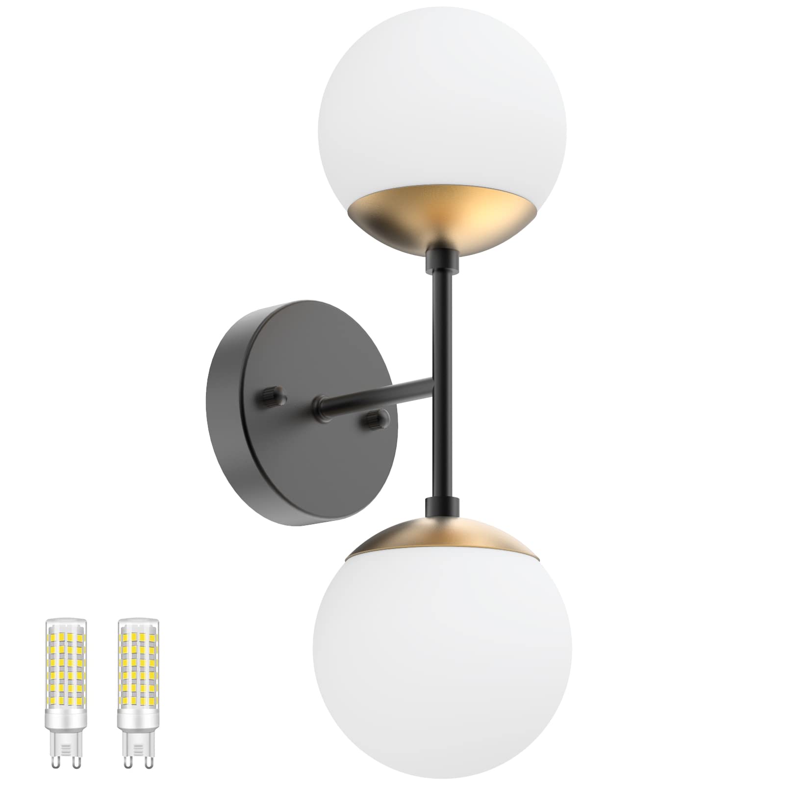 Tipace Black and Gold Wall Light, Mid Century Modern Sconce, 6000K & 2 Lights, enhanced Milk Glass