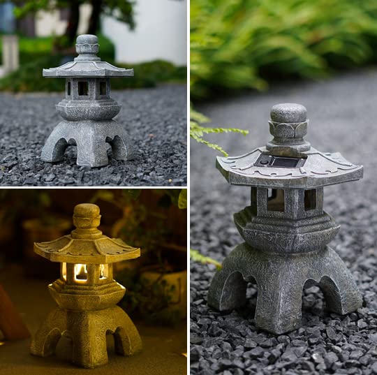Nacome Solar Pagoda Lantern Garden Statue, Gray Polyresin Outdoor Decor for Patio, Porch, Garden