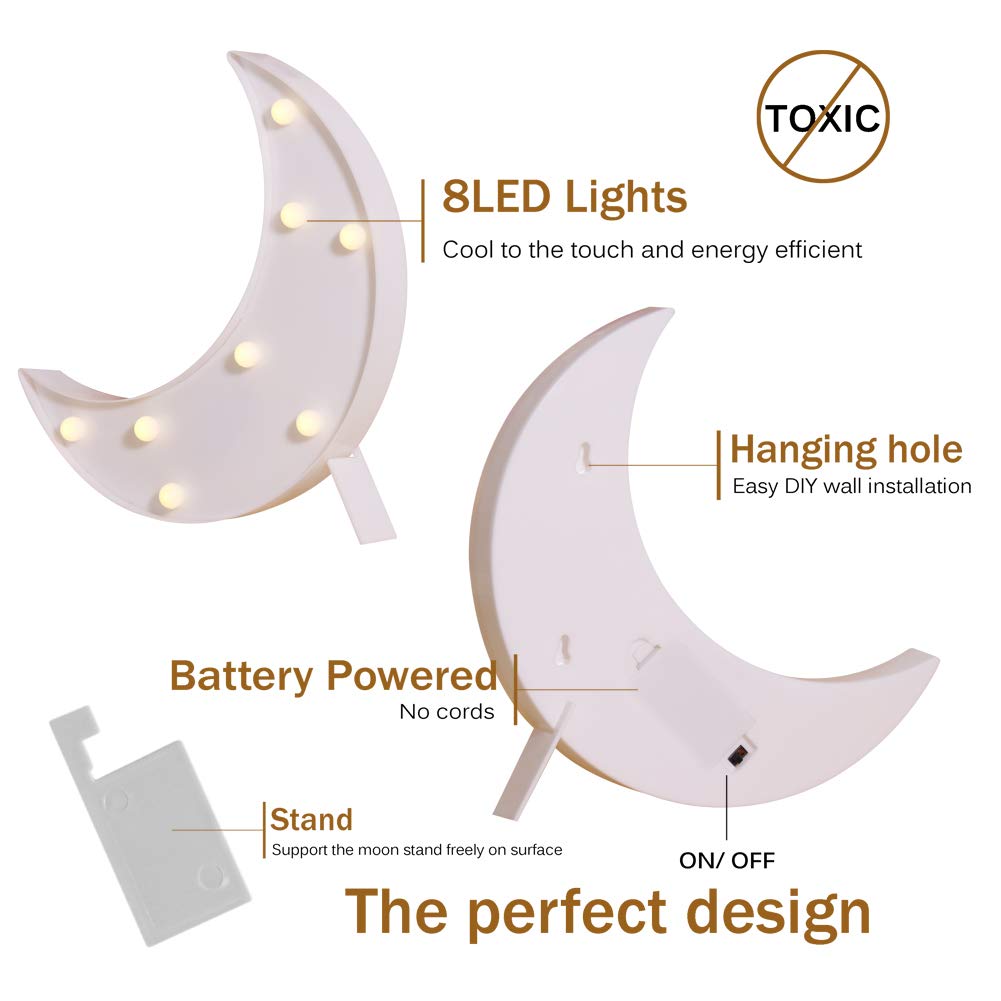 Pooqla Decorative LED Crescent Moon Marquee Sign, White, 7.08in x 9.64in x 1.10in, Model JH-MQ-34, Nursery Night Lamp