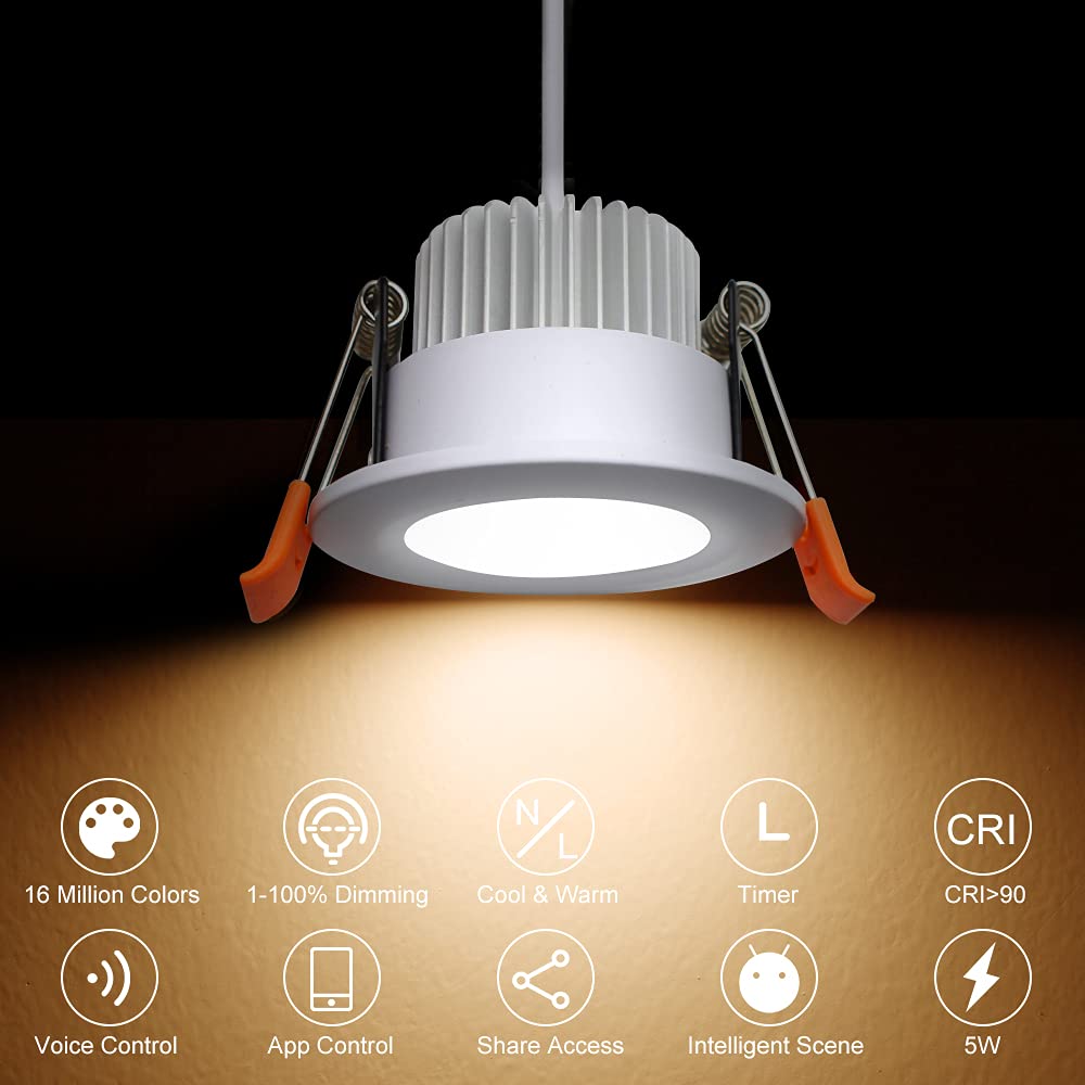 YGS-Tech Smart 2 Inch RGB LED Recessed Lighting Downlight, Dimmable 5W, 10 Pack, WiFi Compatible with Alexa & Google Home