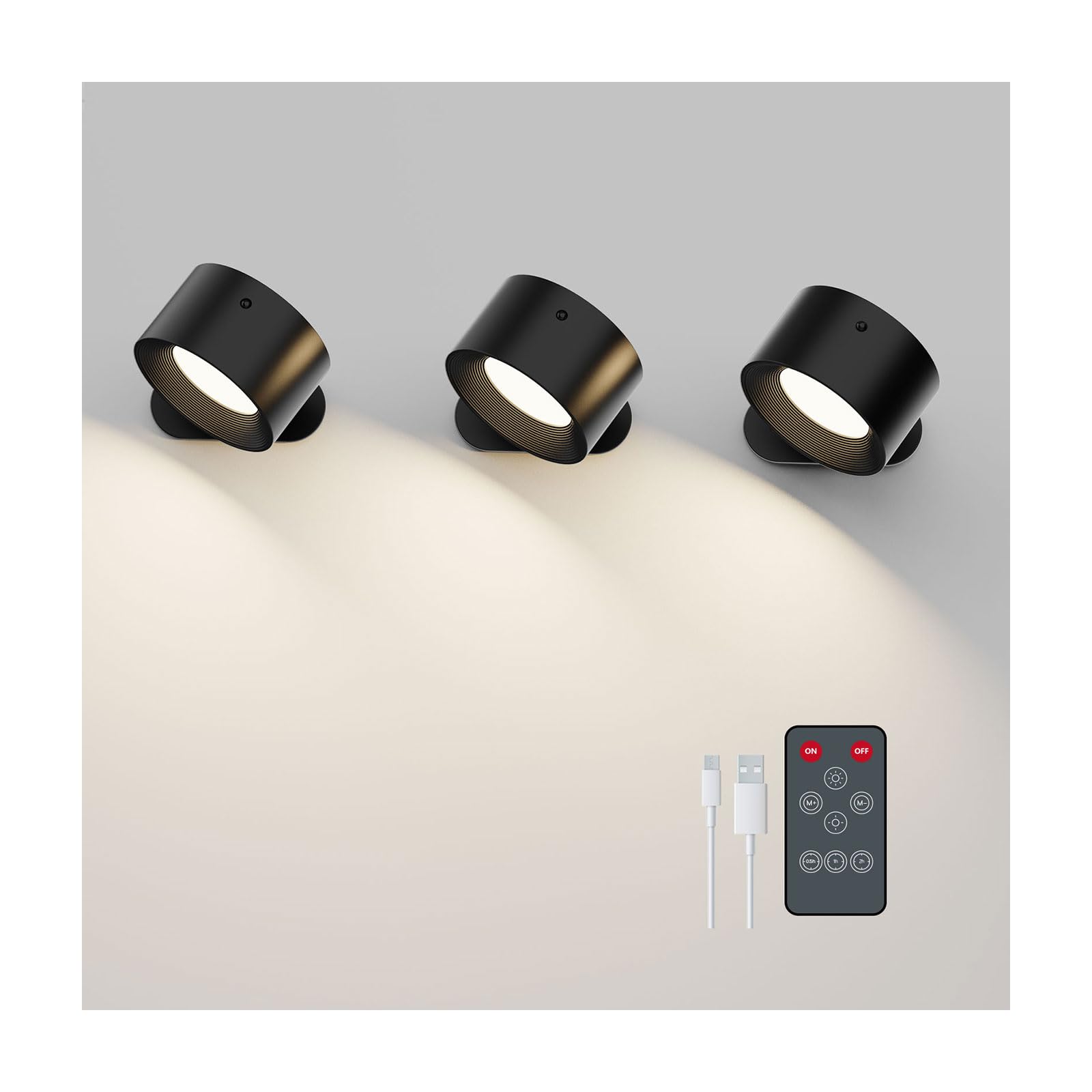Koopala LED Wall Sconce 3-Pack, Rechargeable, Remote, 3 Brightness Levels, 360° Swivel, Black, Model KP-DS126PRO-2PCS-WG