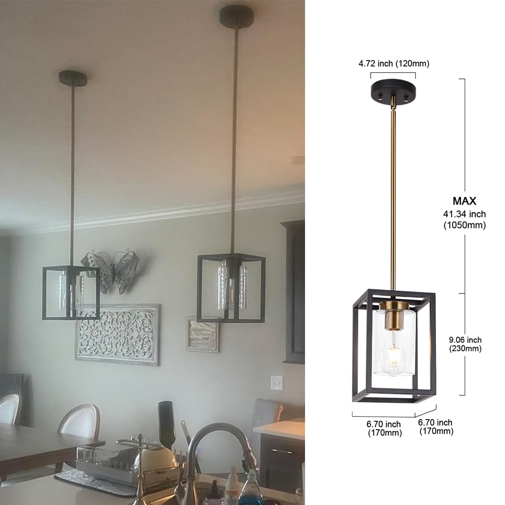 Vinluz 1-Light Mini Lantern Pendant Light,Black And Brushed Brass Finish Farmhouse Chandelier With Clear Glass Shade Foyer Cage