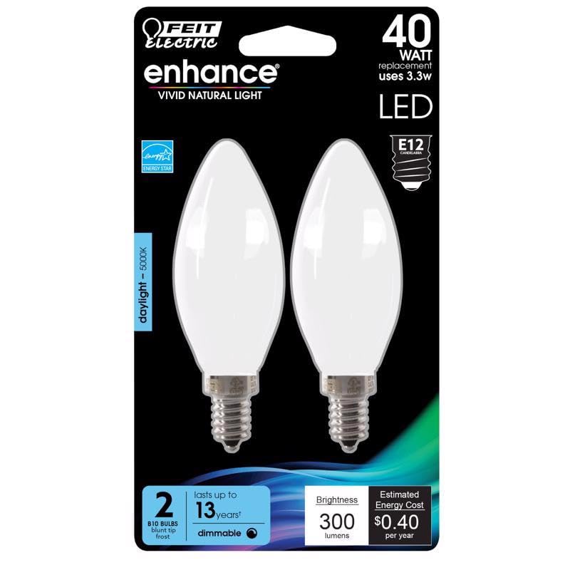 Feit Electric LED B11 Bulb, 40W Equivalent, 300 Lumens, Dimmable, Filament Frost Glass, Candelabra, 5000K, 2 Pack