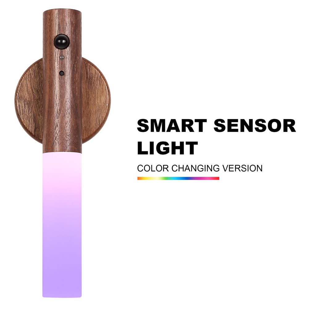 Landgoo Rgb Motion Sensor Night Light, Rechargeable Atmosphere Lamp, Battery Powered Led Portable Wooden Wall Sconce For Party D