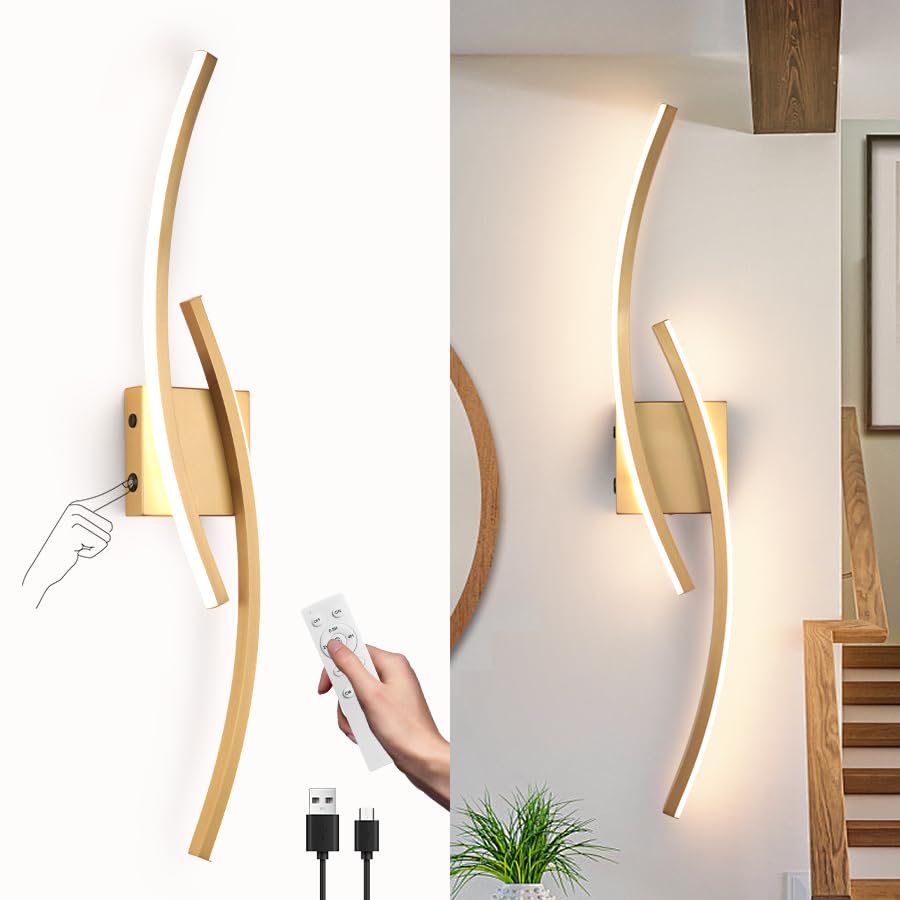 Sovinzert Wall Sconce, Gold LED Light with Remote Control, 3000K-6000K, Rechargeable, 39.3 Inch