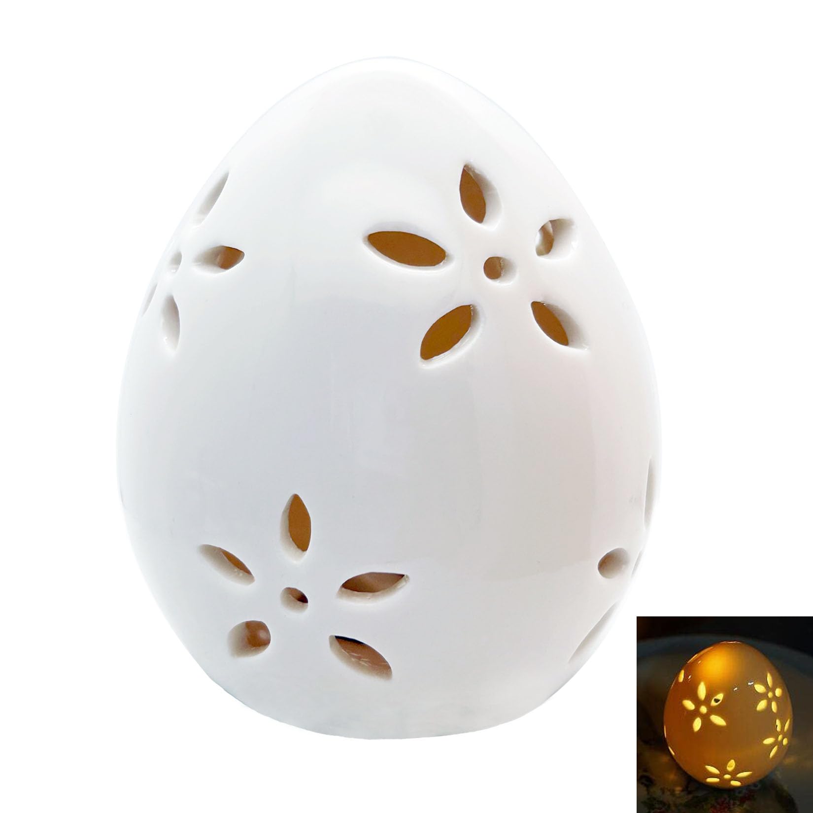 QIAOIDEA Easter Egg White Egg LED Lights Lamp for Party Favors  Procelain Egg with Flower Hollowed Easter Home Decor Table Centerpiece Mantels Rabbit Bunny Accessories Ornament