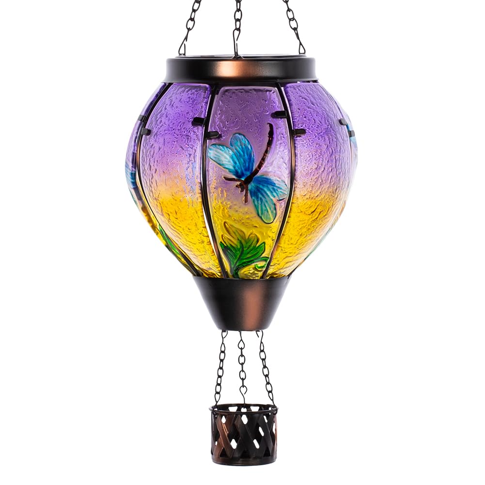 Starsoul Dragonfly Hot Air Balloon Solar Lantern Outdoor Glass Hanging Hot Air Balloon Lantern with Flame Light Waterproof for P
