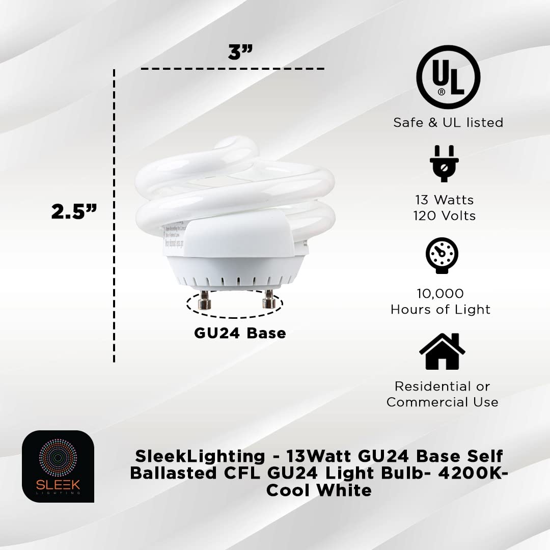 SLEEKLIGHTING 13Watt T2 Spiral CFL GU24 Puck Light Bulb - 4200K, 800 lm, UL Approved, 4-Pack, White Light