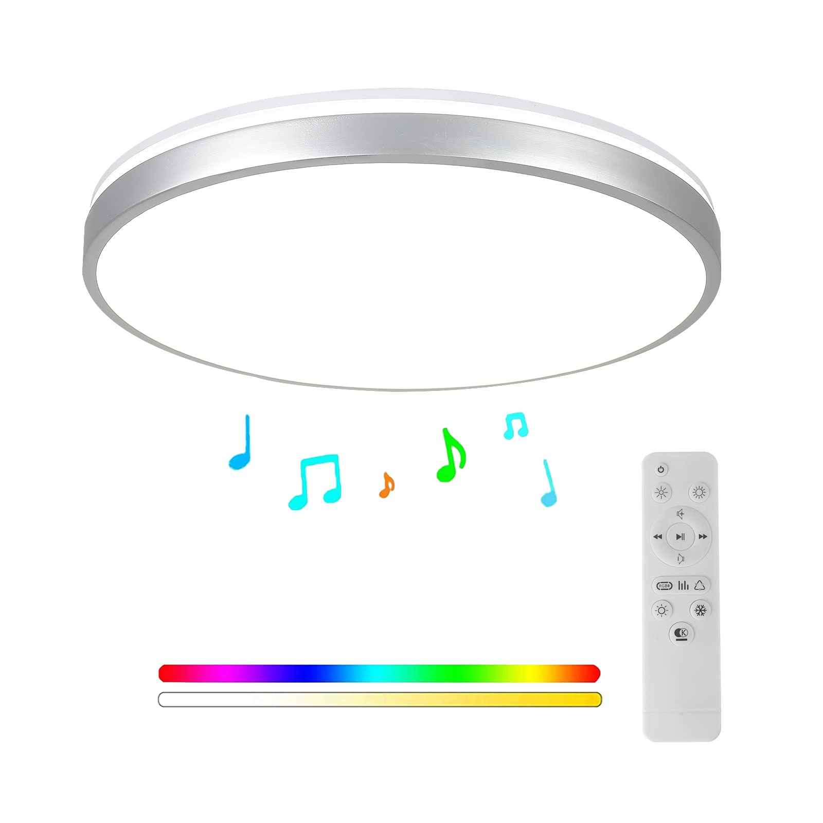 HOREVO Bathroom Ceiling Light with Bluetooth Speaker, 24W Dimmable, LED Flush Mount, Silver, Model X002, Large Size