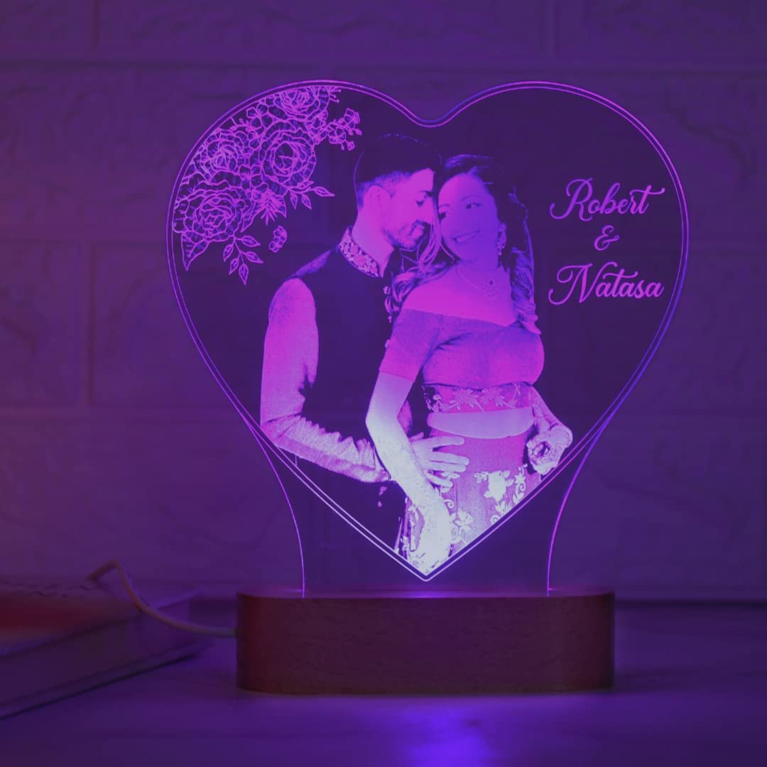 Artistic Gifts Acrylic Personalized Heart Shape 3D Illusion Photo Lamp For Couples|Photo Frame With Customized Photo,Name And Da