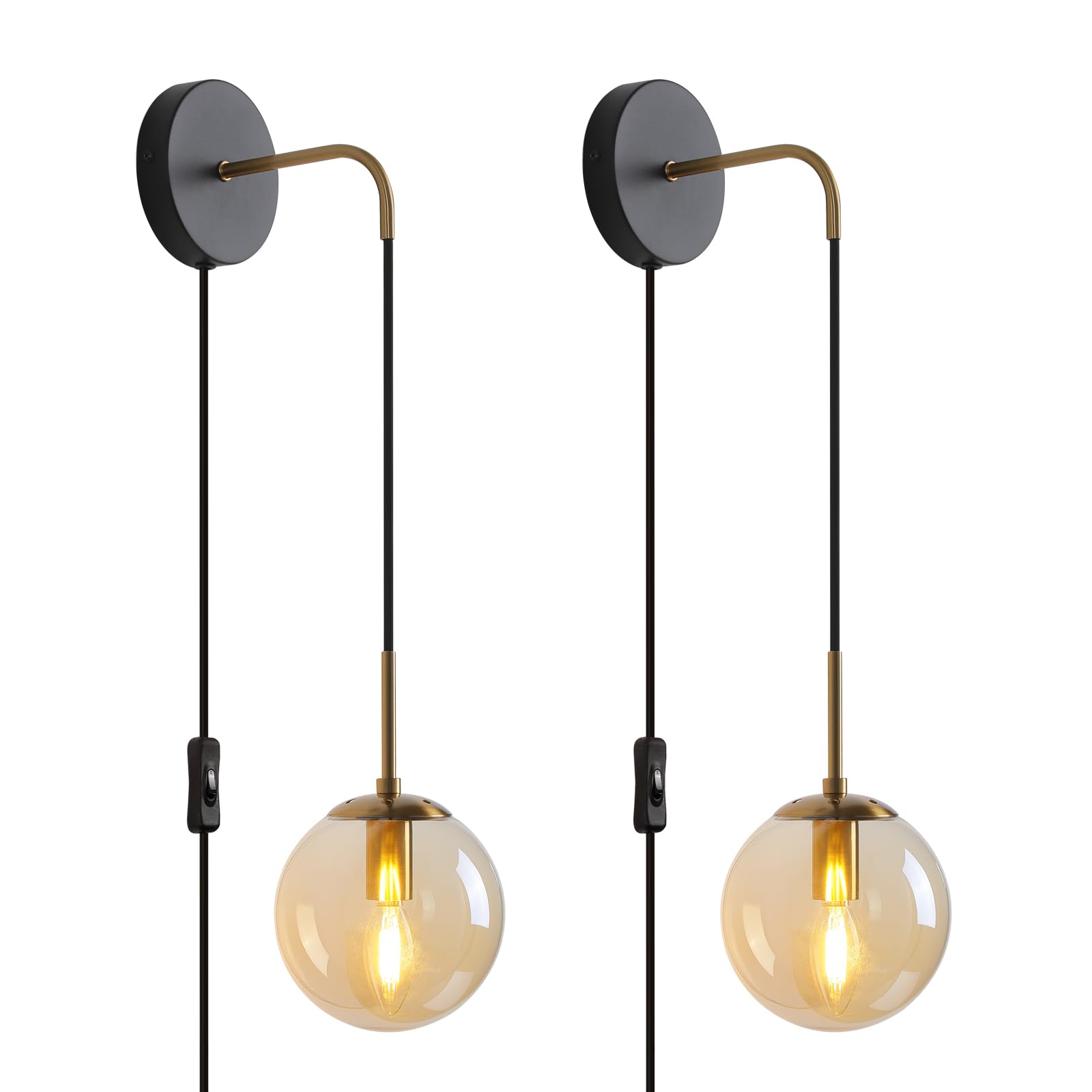 Wall Sconces Set Of Two Black And Brass Gold ?????? Plug In Wall Sconces Set Of 2 With Globe Amber Glass Shade Wall Lights Wall