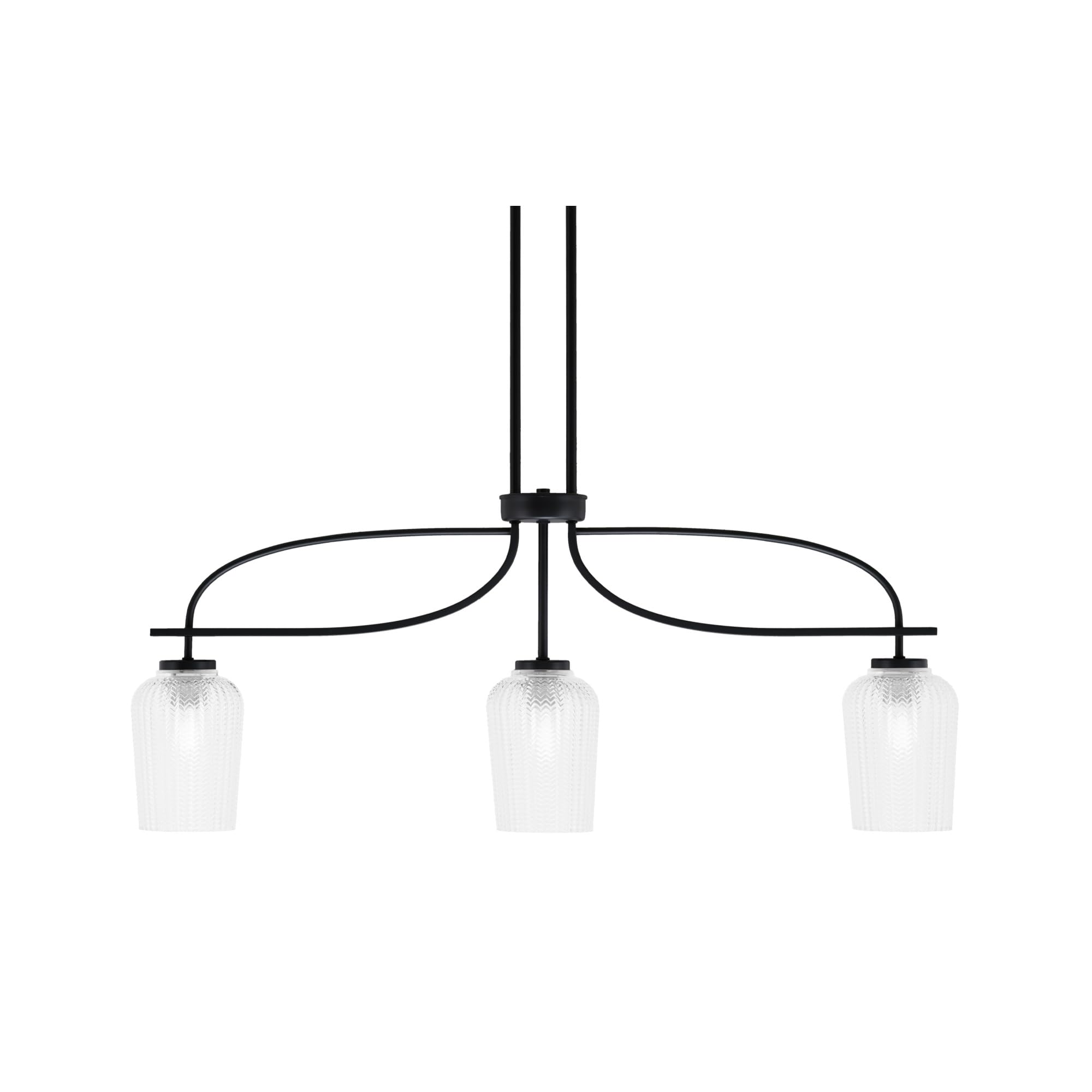 Cavella 3 Light Island Light Shown in Matte Black Finish with 5&quot; Clear Textured Glass