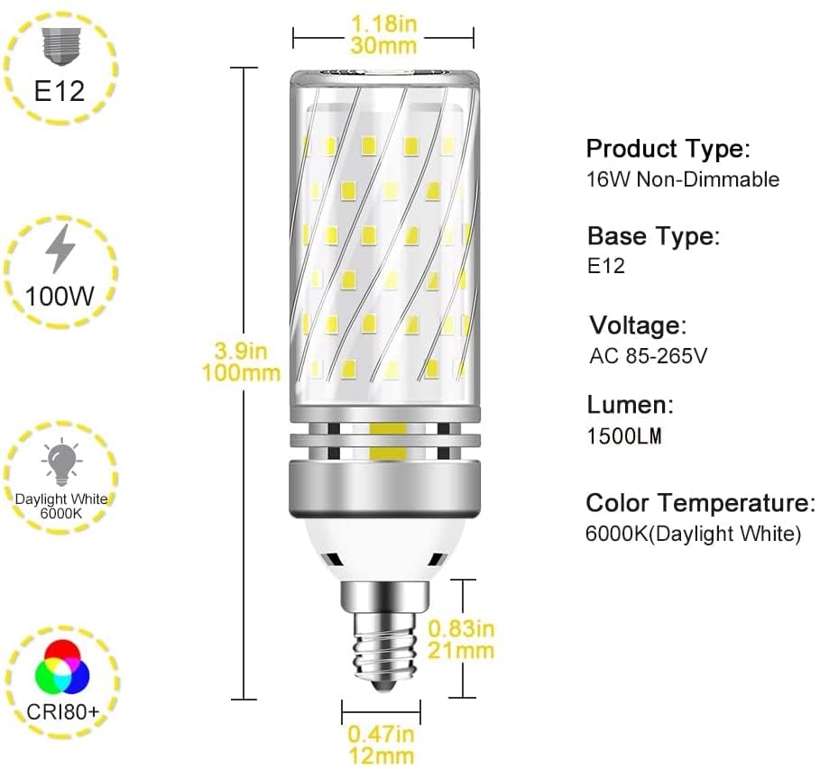 Inshareplus E12 Led Bulbs, 16W Candelabra Light Bulbs, Daylight 6000K, 120W Equivalent 1500Lm, Cri80+, E12 Base Led Chandelier B