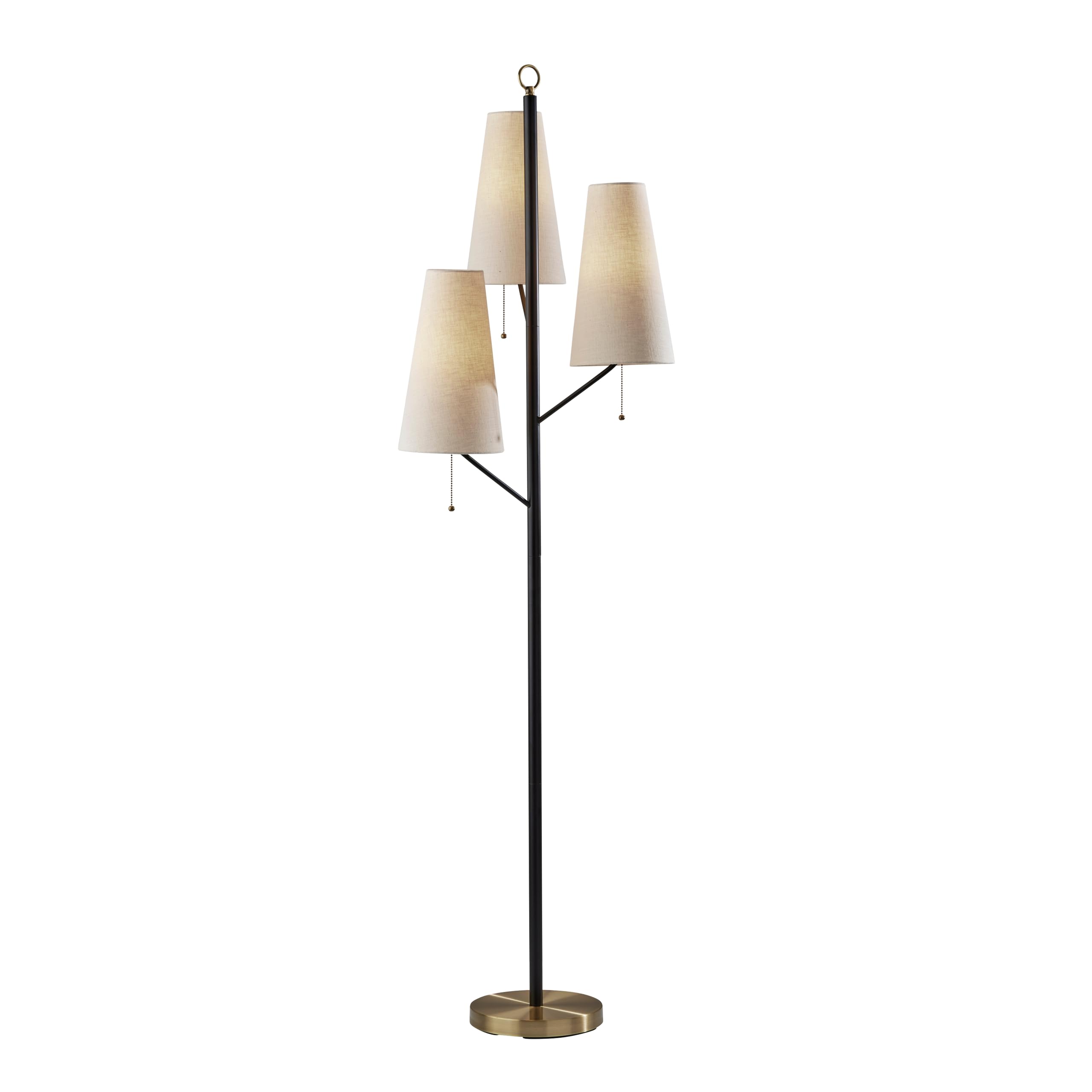 Adesso Black Tree Lamp with Cream Fabric Shades - 3 Light Floor Lamp with Pull Chains, Modern Accent Light for Bedroom, Living R