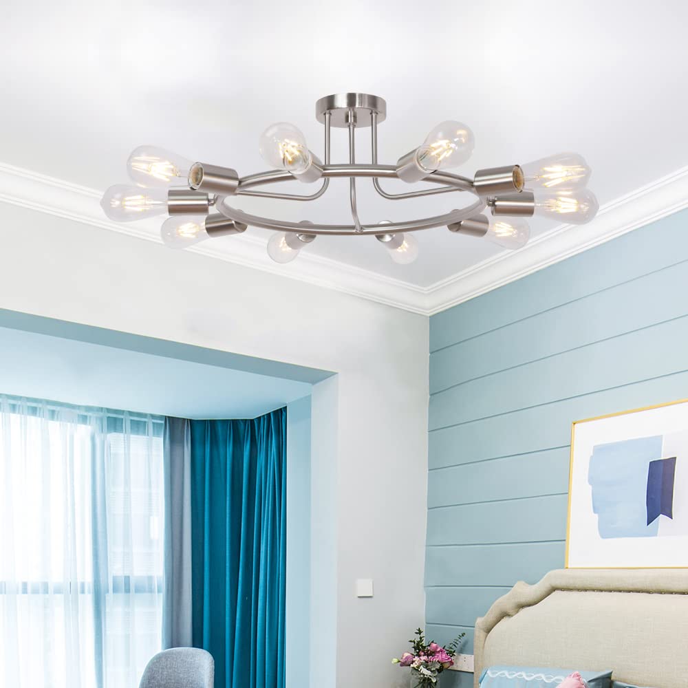 BONLICHT Round Rustic Chandelier 10-Light Brushed Nickel Modern Semi Flush Mount Ceiling Light Industrial Vintage Sputnik Chande