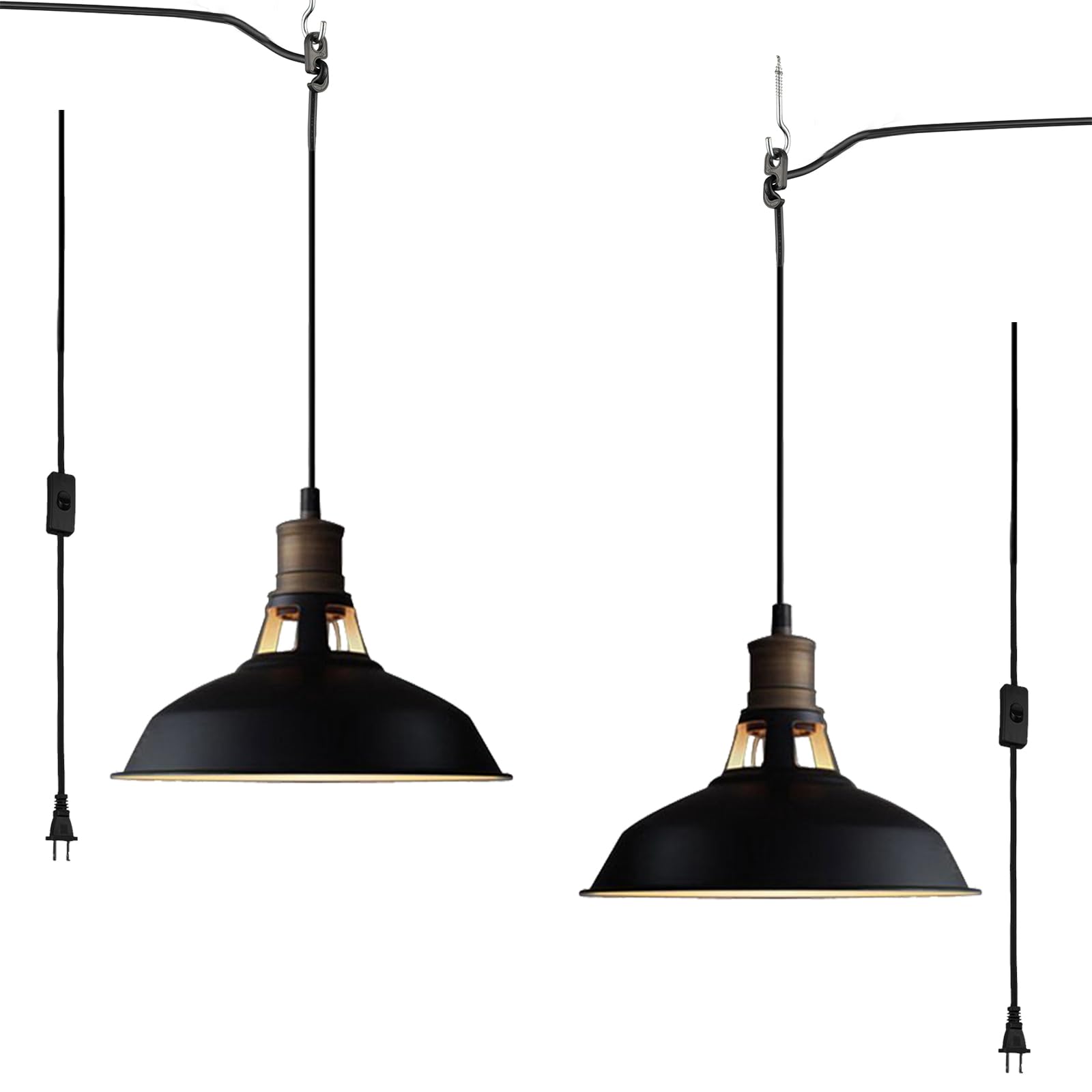 CLAXY Adjustable Plug-in Pendant Light Fixture Set of 2, Black Metal with On/Off Switch, 197-inch Cord, Model T2926DU-C-2
