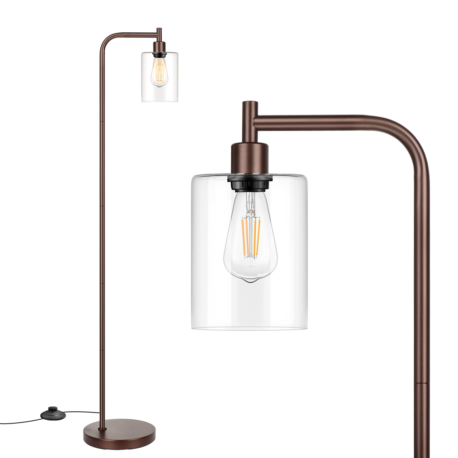 Bosceos Industrial Floor Lamp - Oil Rubbed Brown Metal with Glass Shade, Vintage Rustic Design, E26 Base, Model JF19108A.BR