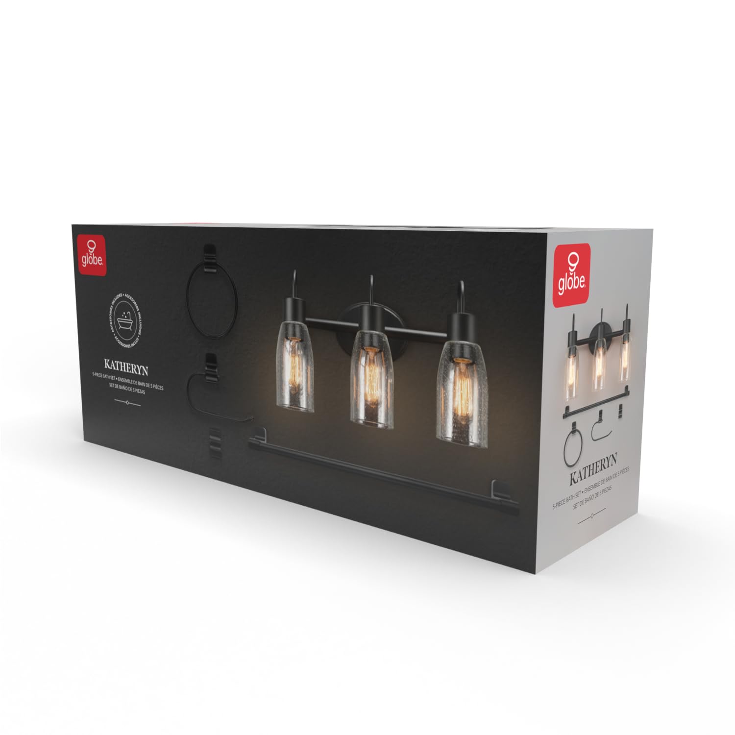 Globe Electric 63000205 5-Piece All-In-One Bathroom Accessory Set With 19'' 3-Light Vanity Light, Matte Black, Seeded Glass Shad