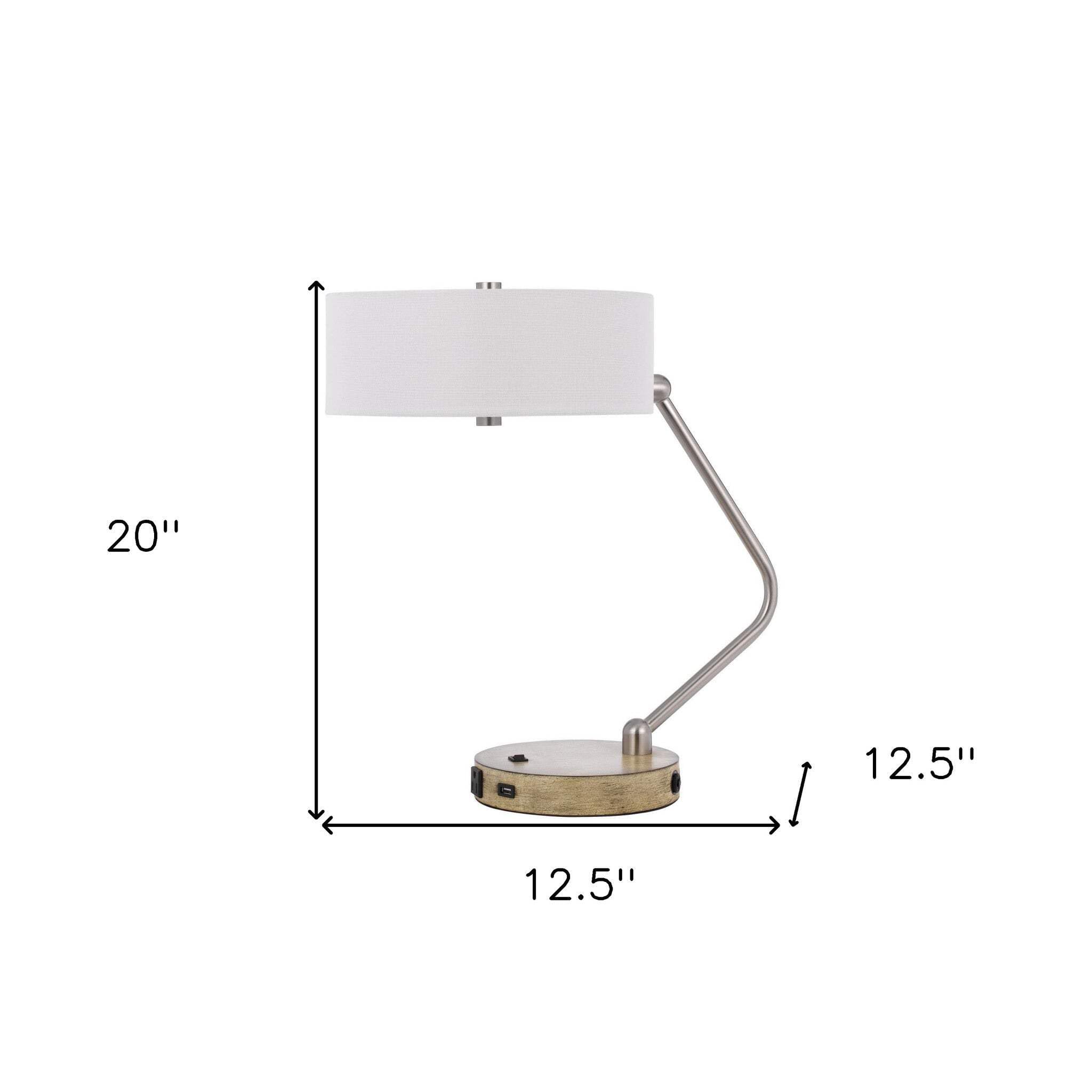 Homeroots Nickel Metal Two Light Usb Desk Lamp With White Drum Shade, Model 524743, 20 In.