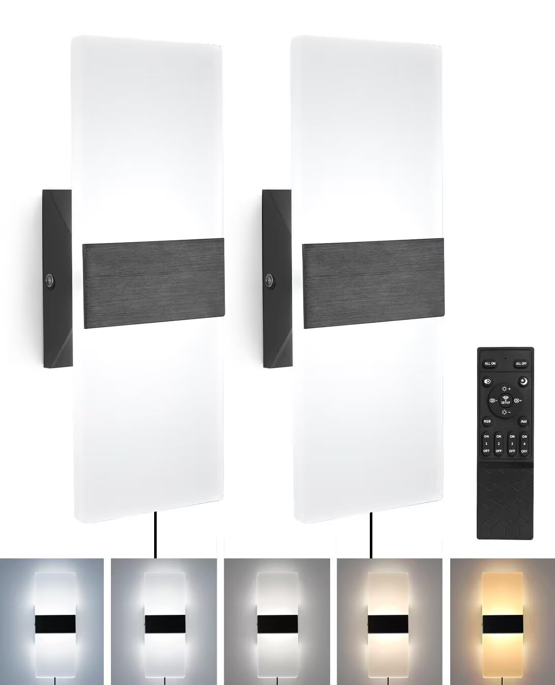 Plug In Wall Sconces With Remote, 3000K-6500K Stepless Color Temperature, 10%-100% Stepless Dimmable, 12W Plug In Wall Light, Le